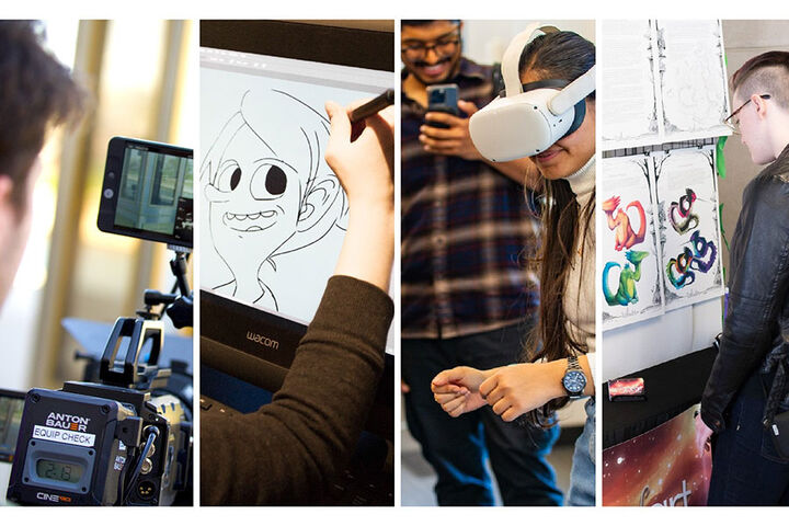 A collage of images for media arts that includes a camera, a drawing on a tablet, a virtual reality headset, and a drawing of animated characters.